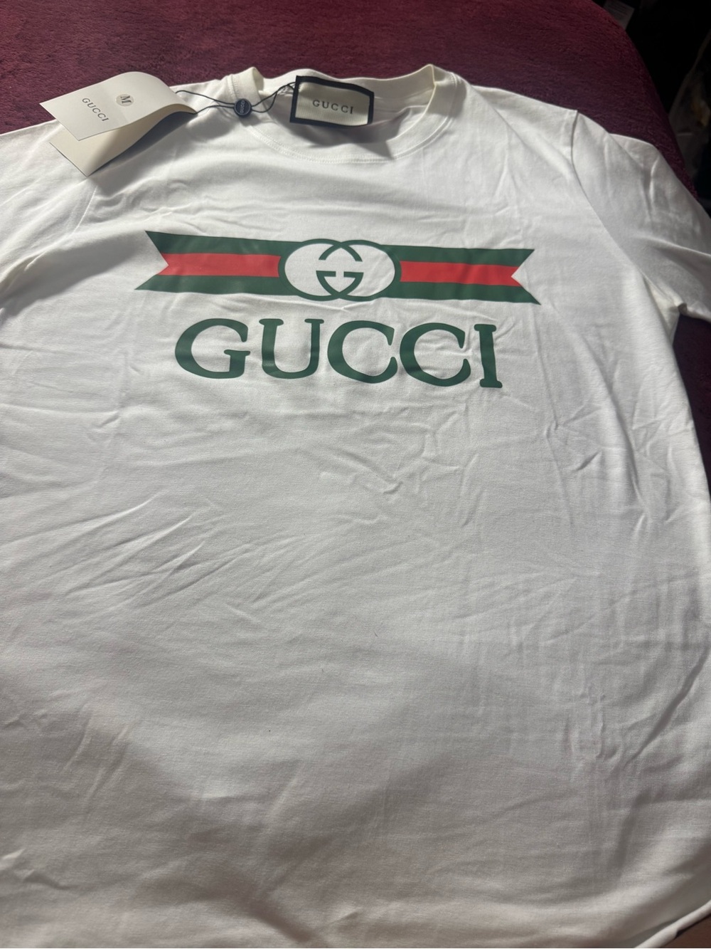 Gucci White Tee with Green & Red Stripe Logo